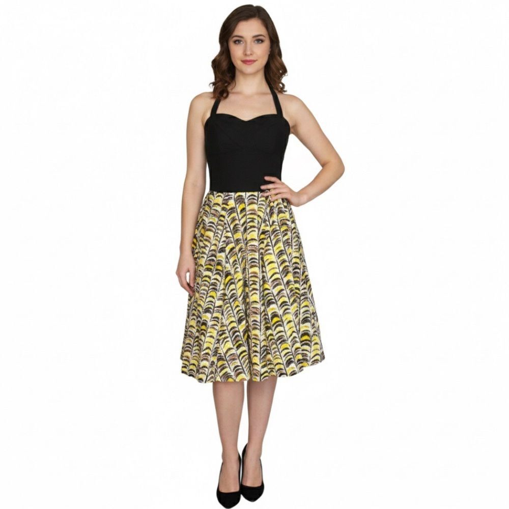 GIRLS FROM SAVOY Anthropologie Dress Halter  Black Bodice Yellow Pattern Skirt